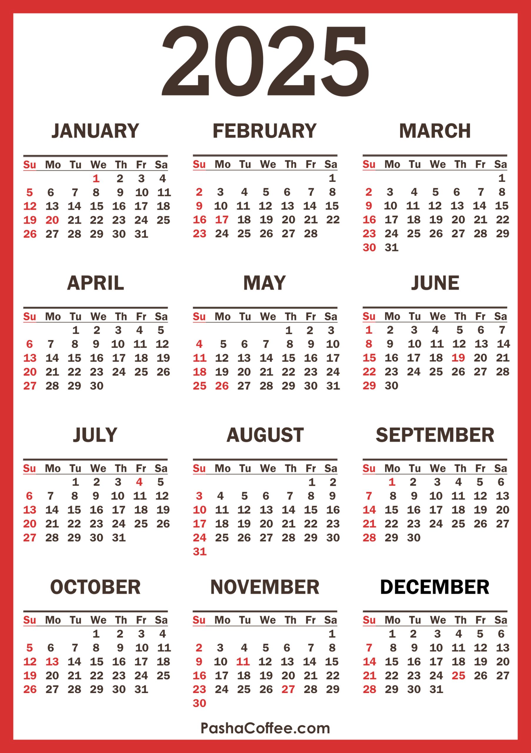 Calendar with Holidays – PashaCoffee