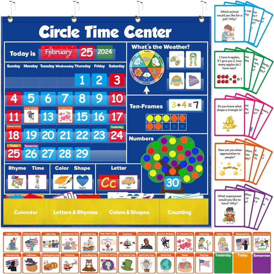 Circle Learning Time Center Pocket Chart Calendar Set, Educational Pocket  Chart Learning Shape, Color Classroom Pocket Chart-Number Pocket Chart
