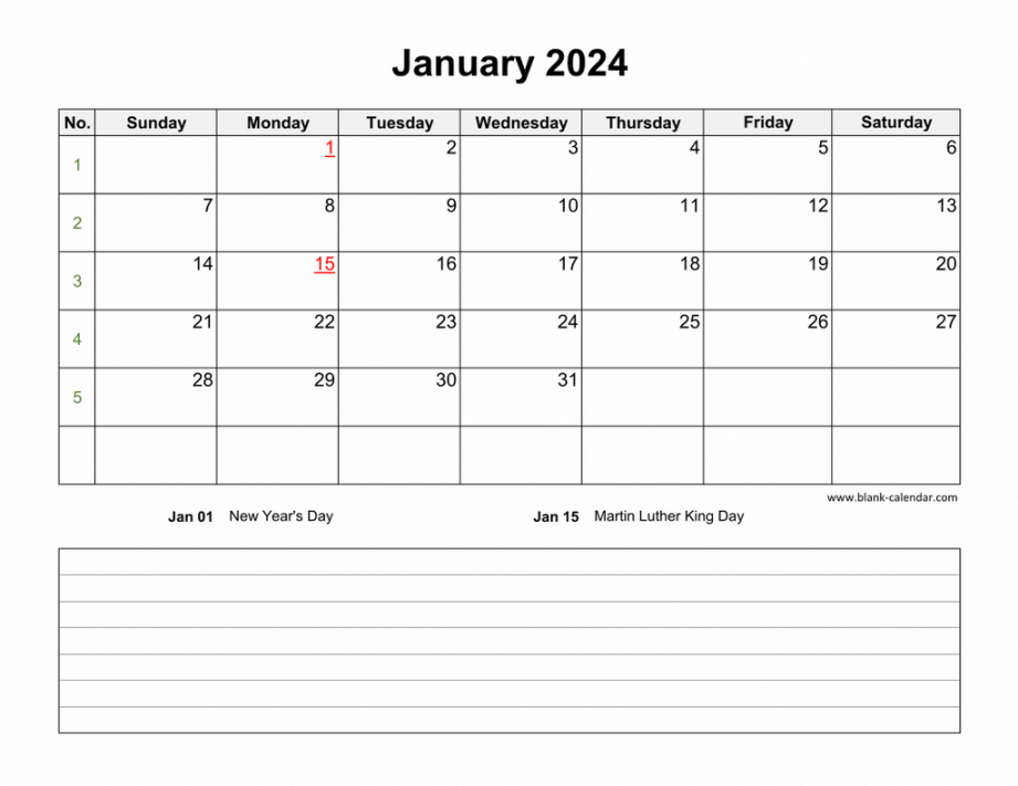 Download Blank Calendar  with Space for Notes ( pages, one