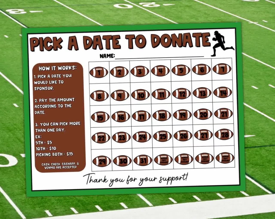 Football Calendar Fundraiser, Pick a Date to Donate Printable