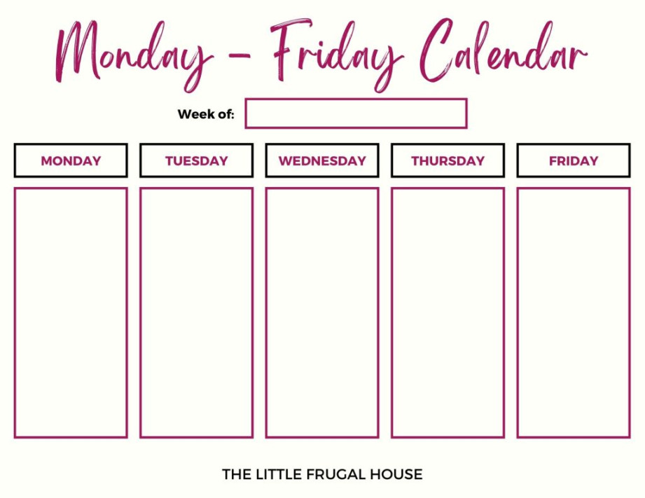 Free Printable Calendar: Monday Through Friday ( Weekly Color