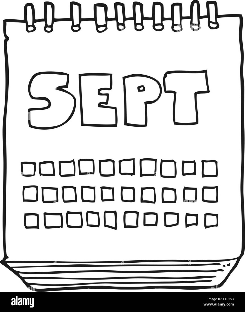 freehand drawn black and white cartoon calendar showing month of
