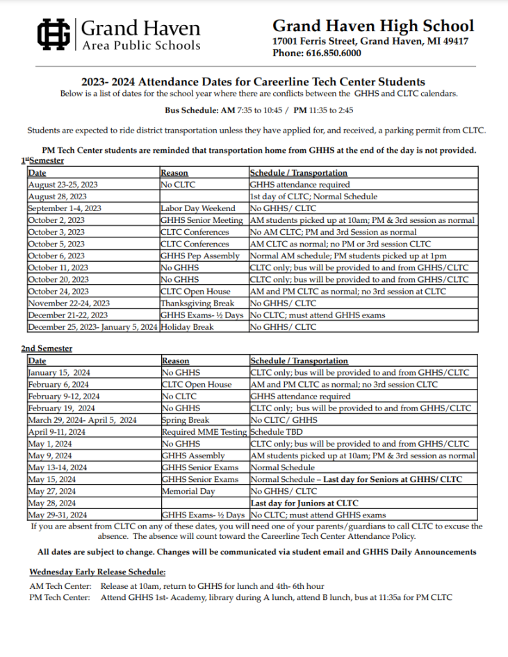 GHHS Schedules - GHHS - Our School - Grand Haven High School