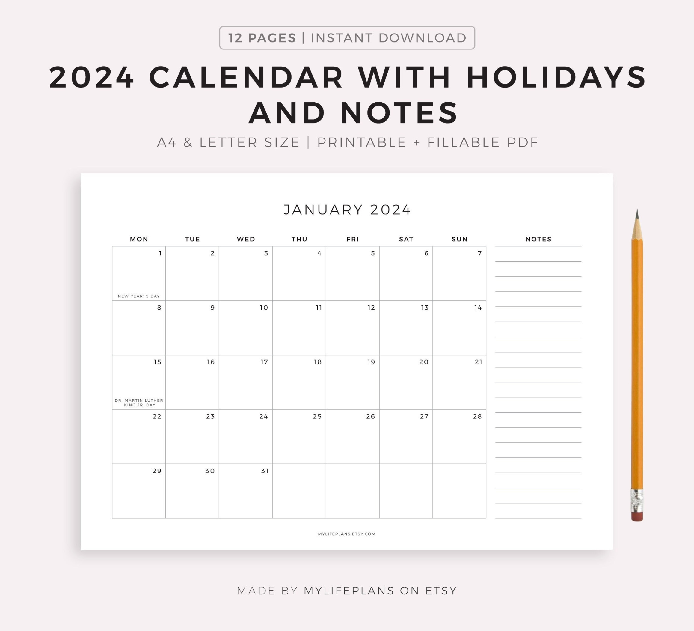 Monthly Calendar With Holidays & Notes, Printable Calendar