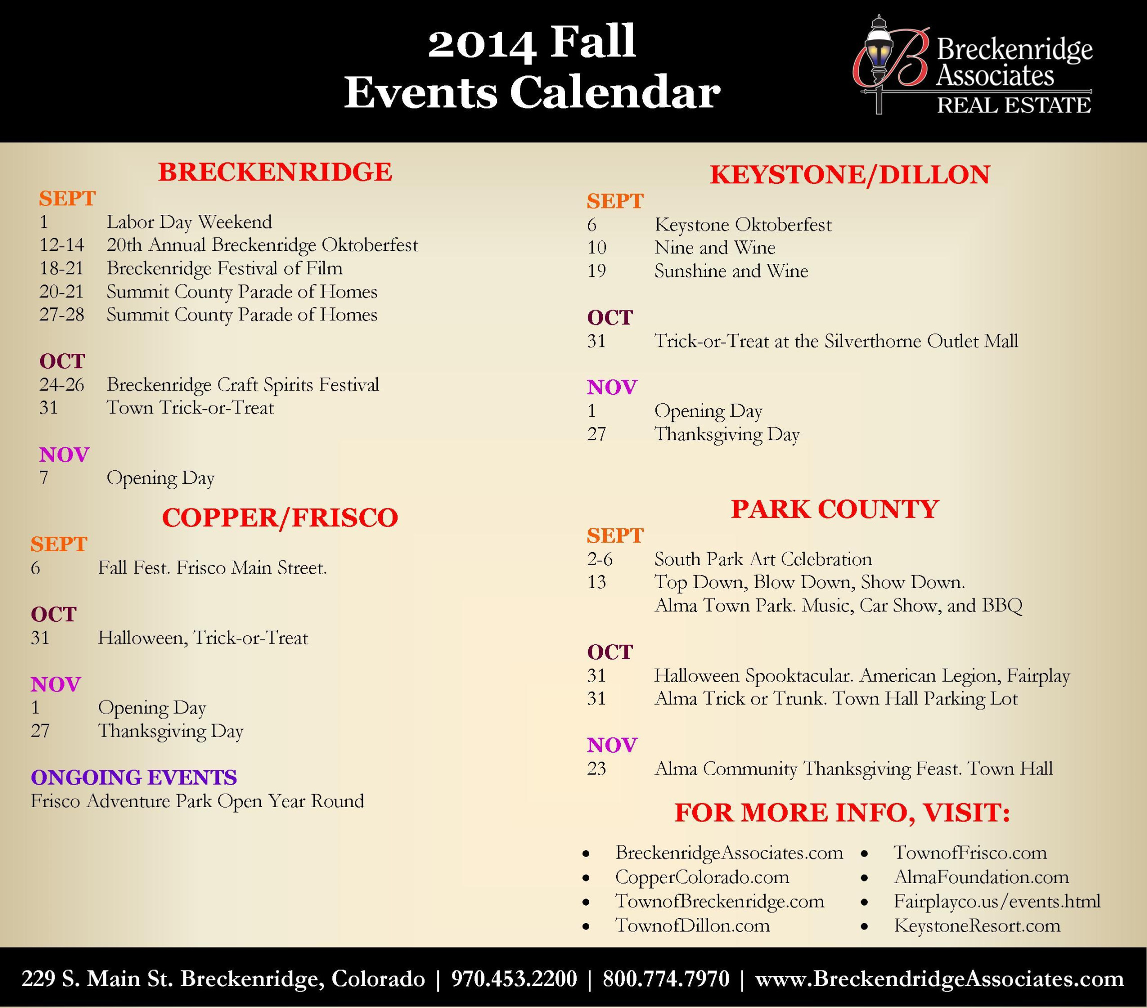 Summit and Park County Fall  Event Calendar