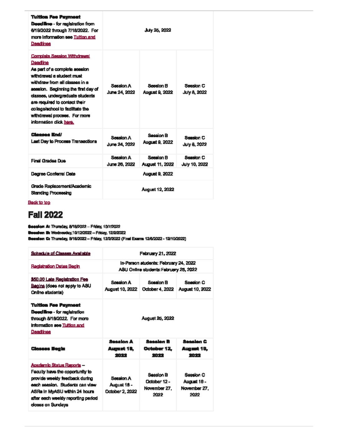 Academic Calendar ASU - Tuition Fee Payment Deadline for