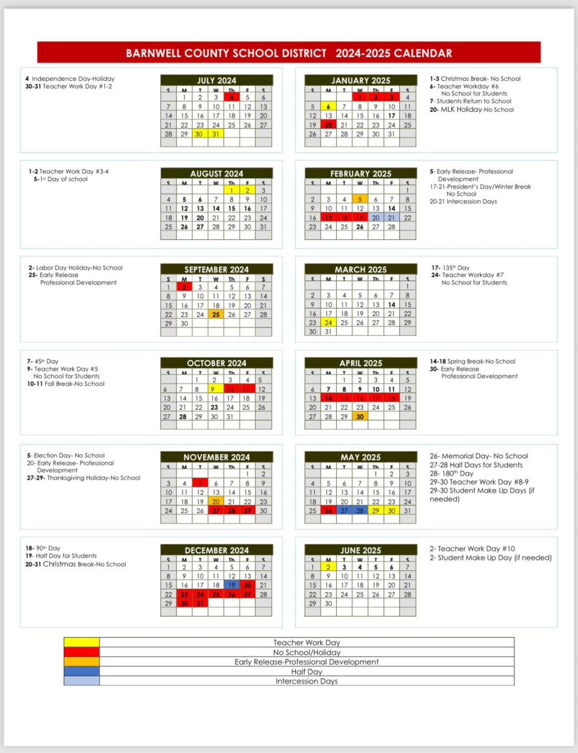 Barnwell County School District Calendar for the - School Year