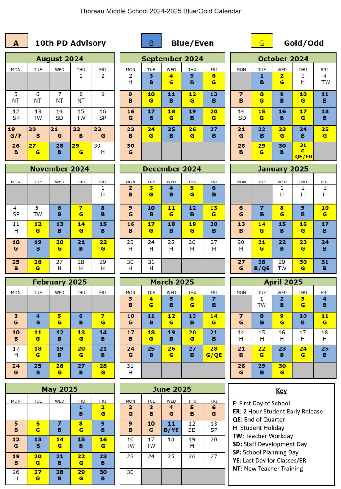 Blue/Gold Day Calendar -  Thoreau Middle School