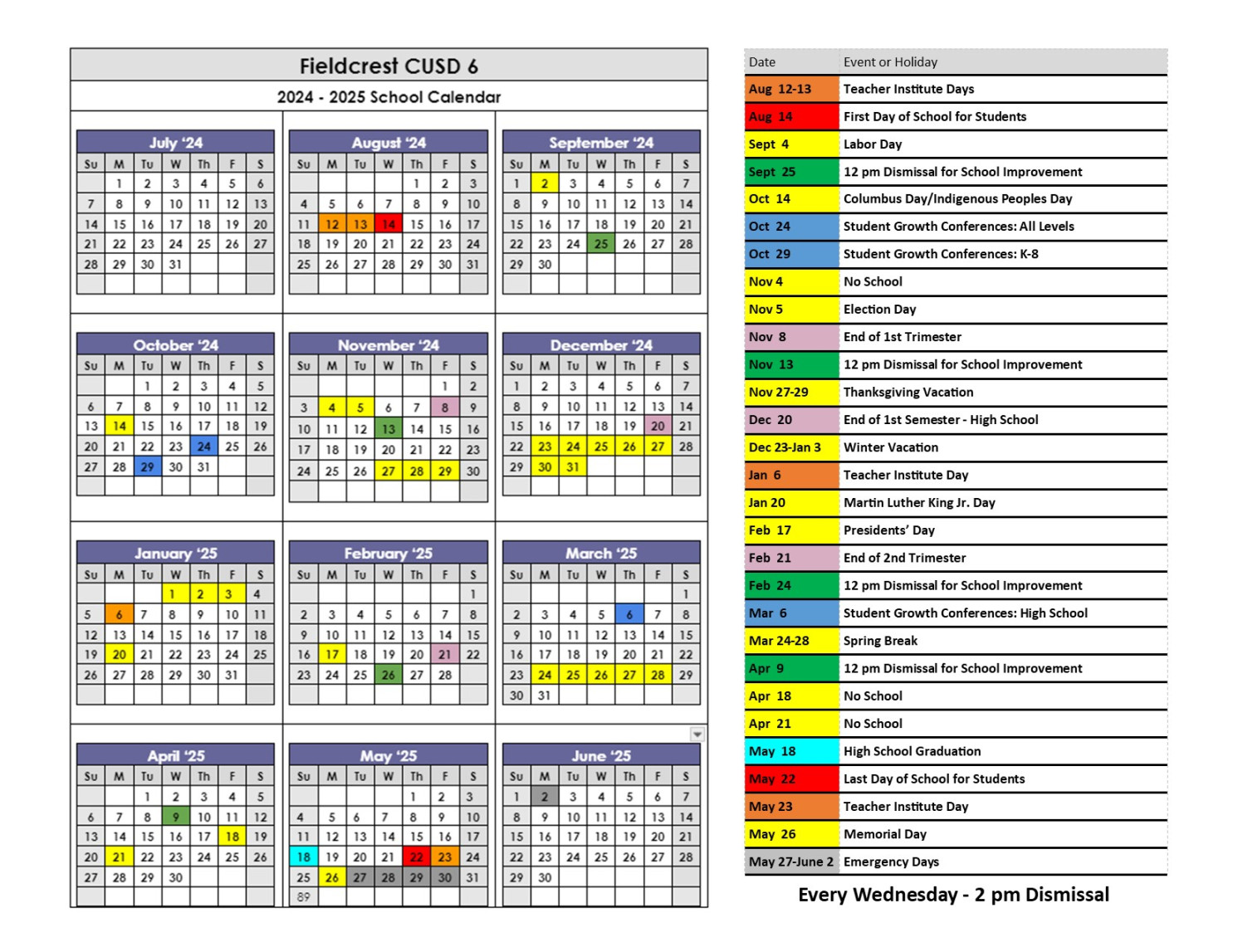 District Calendar - Fieldcrest Community Unit School District #