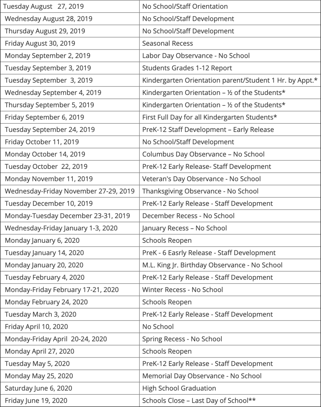 Falmouth - School Calendar: First Day Of School, Days Off
