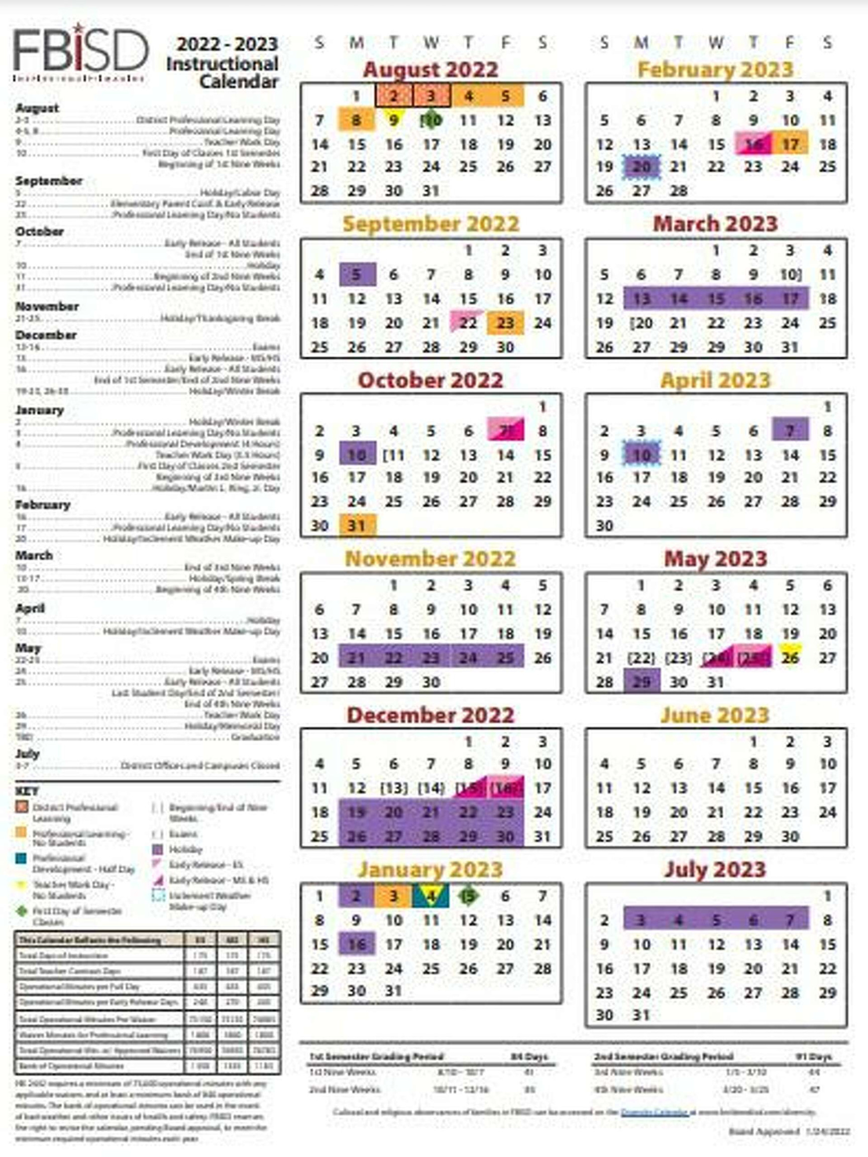 Fort Bend ISD - instructional calendar approved and viewable