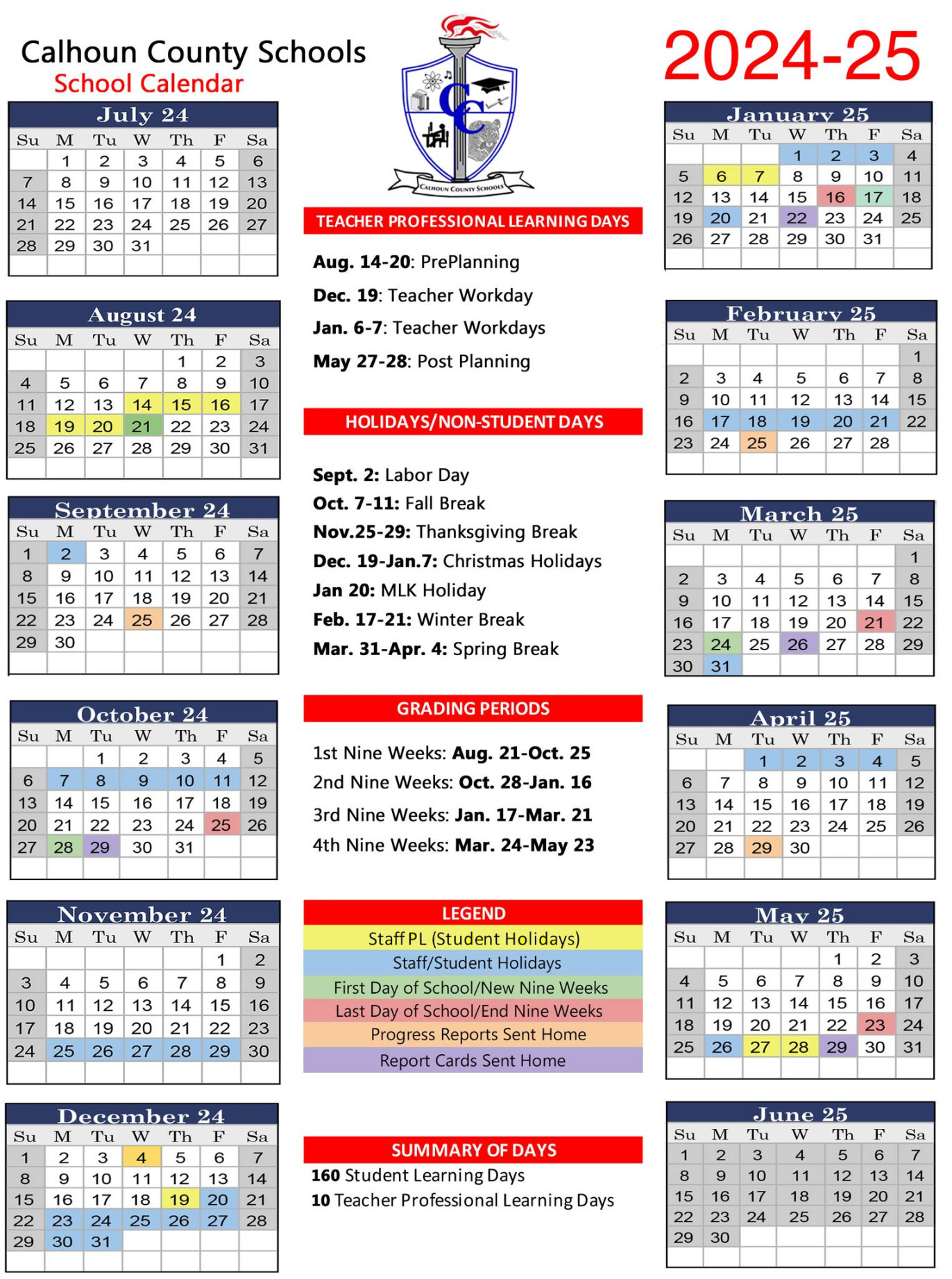 Here is The Calhoun County School Calendar for -