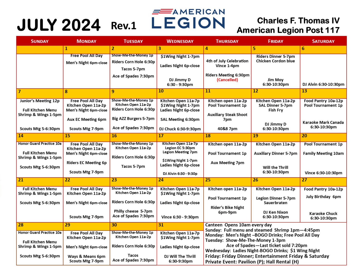 MONTHLY CALENDARS – American Legion, FL Post