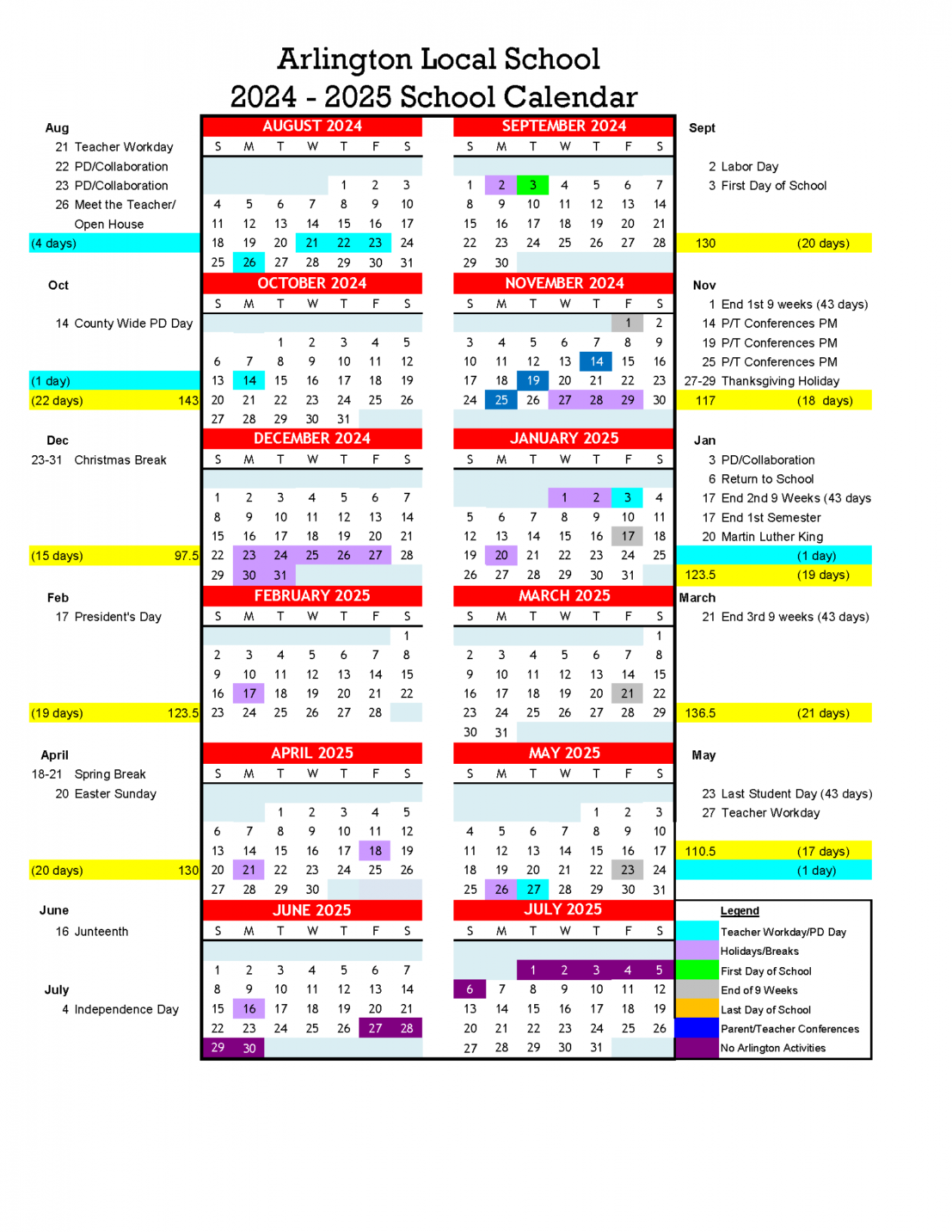School Calendars - Arlington Local Schools