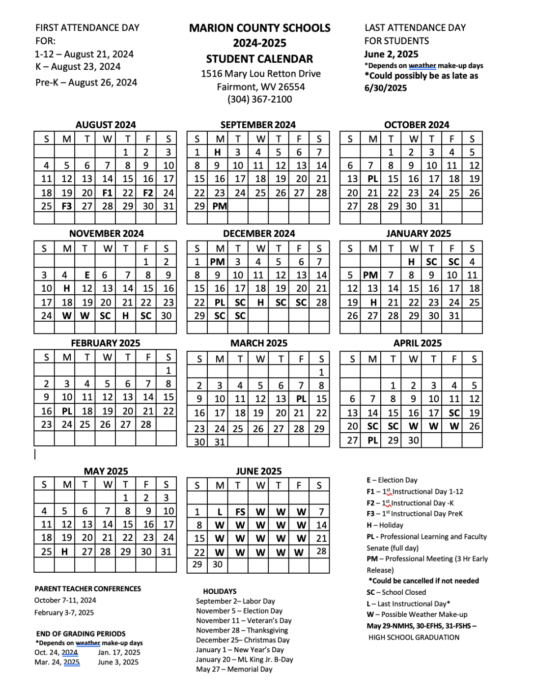 Academic Calendars  Marion County Schools