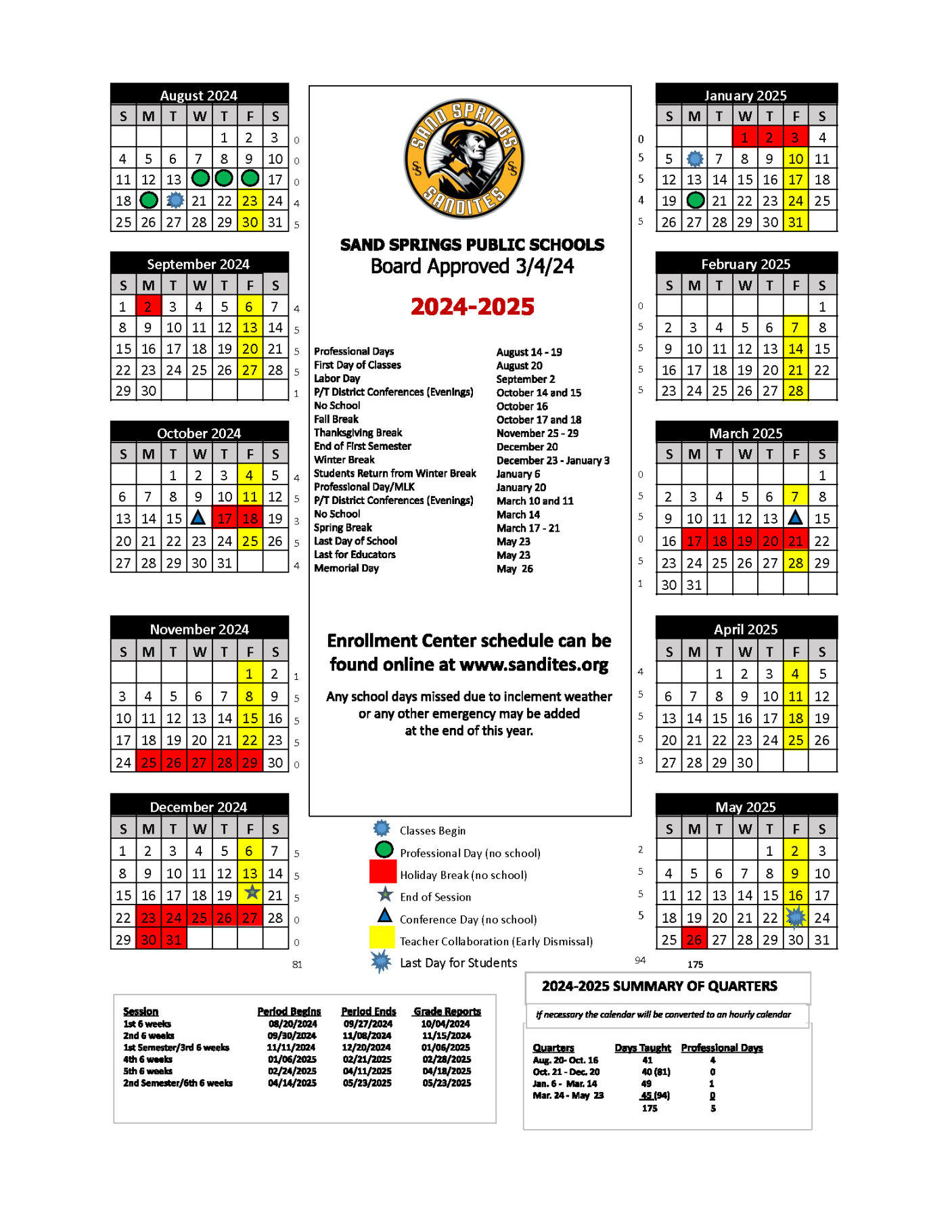 Approved School Calendars  Sand Springs Public Schools