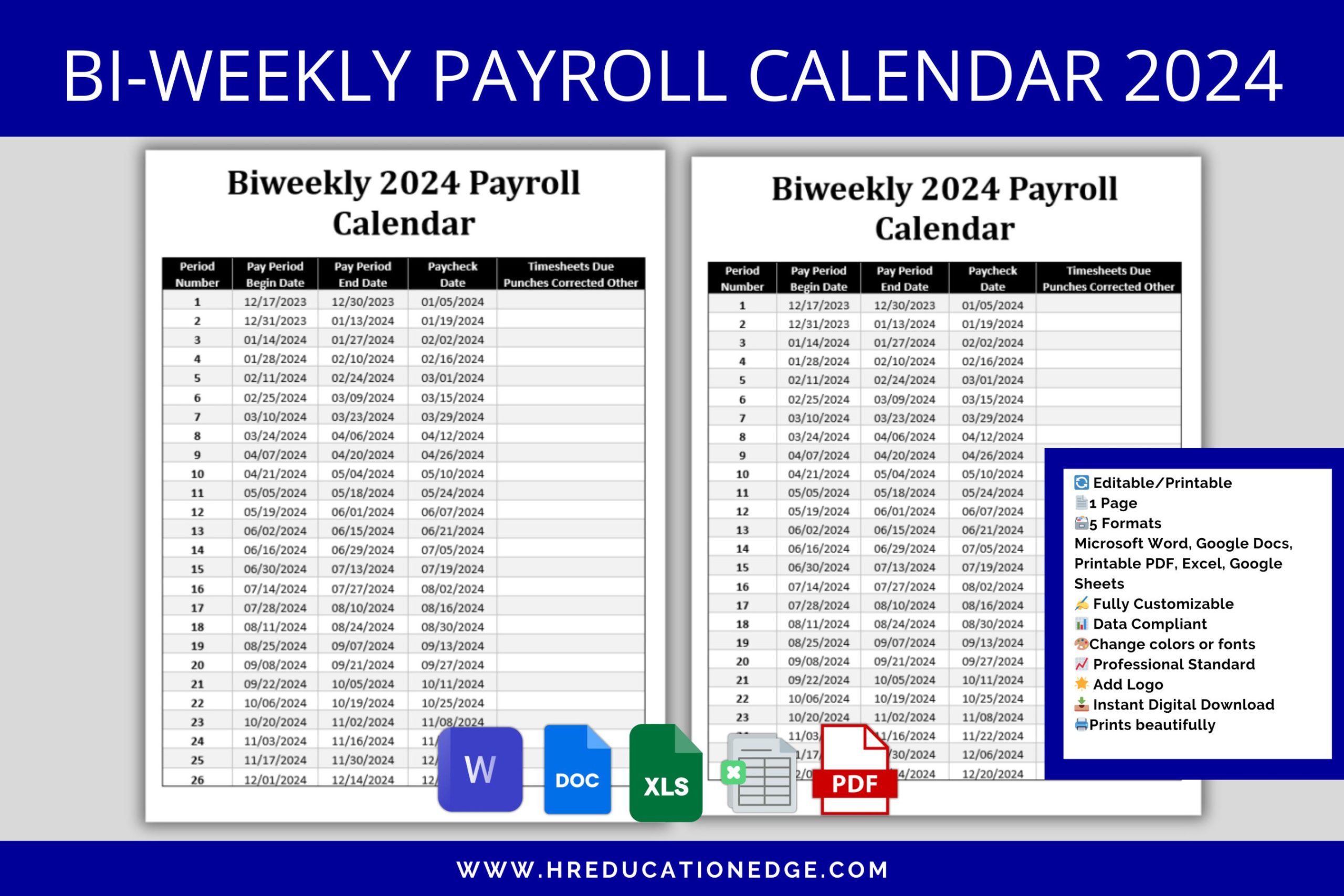 Biweekly Payroll Calendar  MS Editable Word, Excel Pay Period