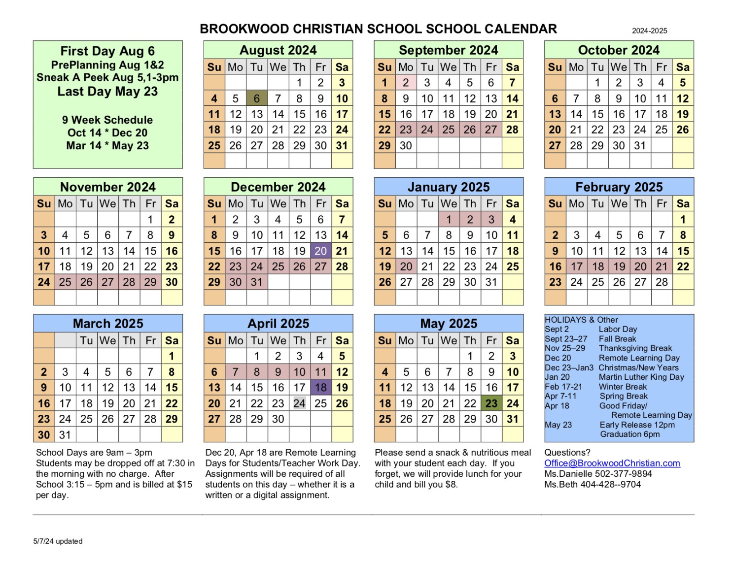 Calendar - Brookwood Christian School