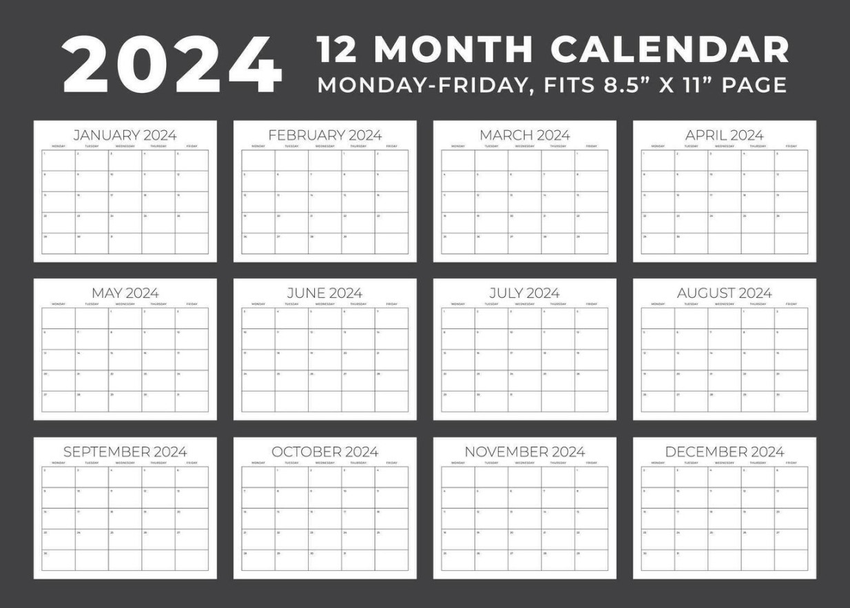 Calendar template for . Monday to Friday