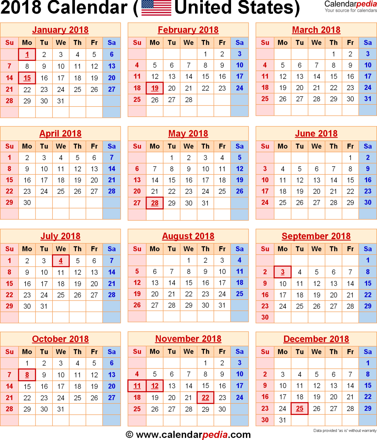 Calendar with Federal Holidays