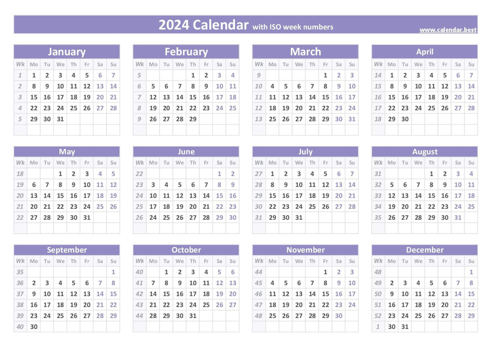 calendar with week numbers (US and ISO week numbers)