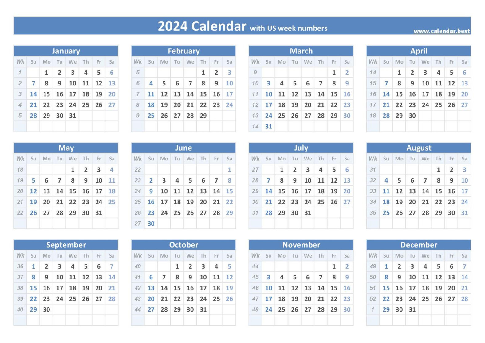 calendar with week numbers (US and ISO week numbers)