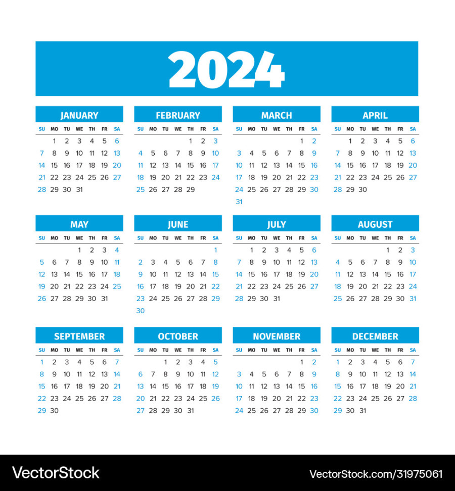 calendar with weeks start on sunday Vector Image