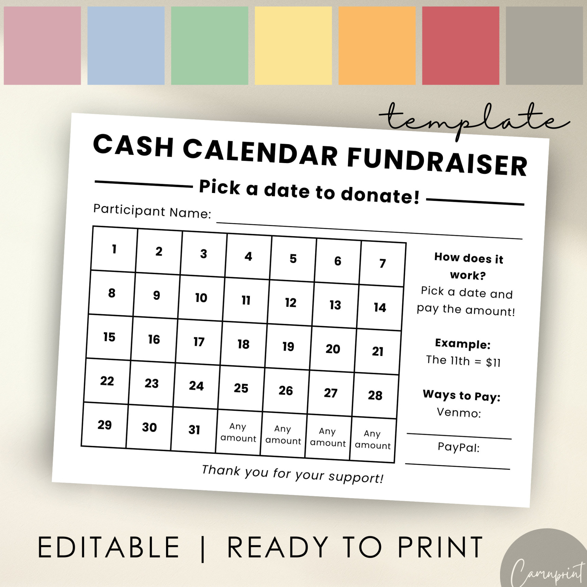 Cash Calendar Fundraiser - Etsy