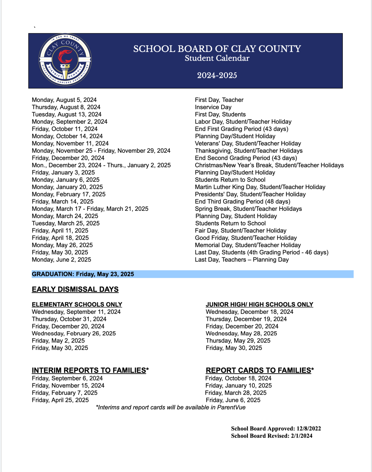 Clay County Schools Calendar -  Academic Holidays