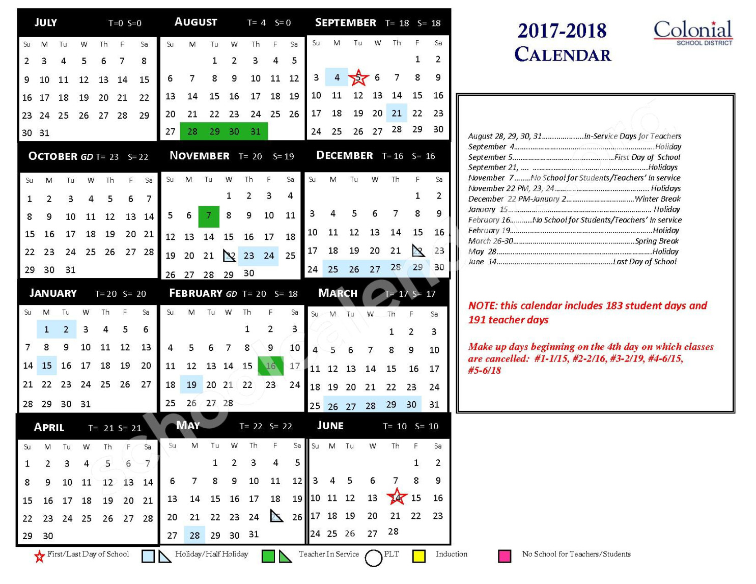 Colonial Elementary School Calendars – Plymouth Meeting, PA