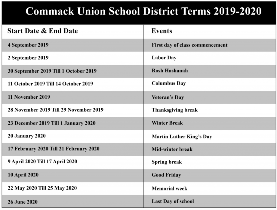 Commack Union Free School District Calendar -
