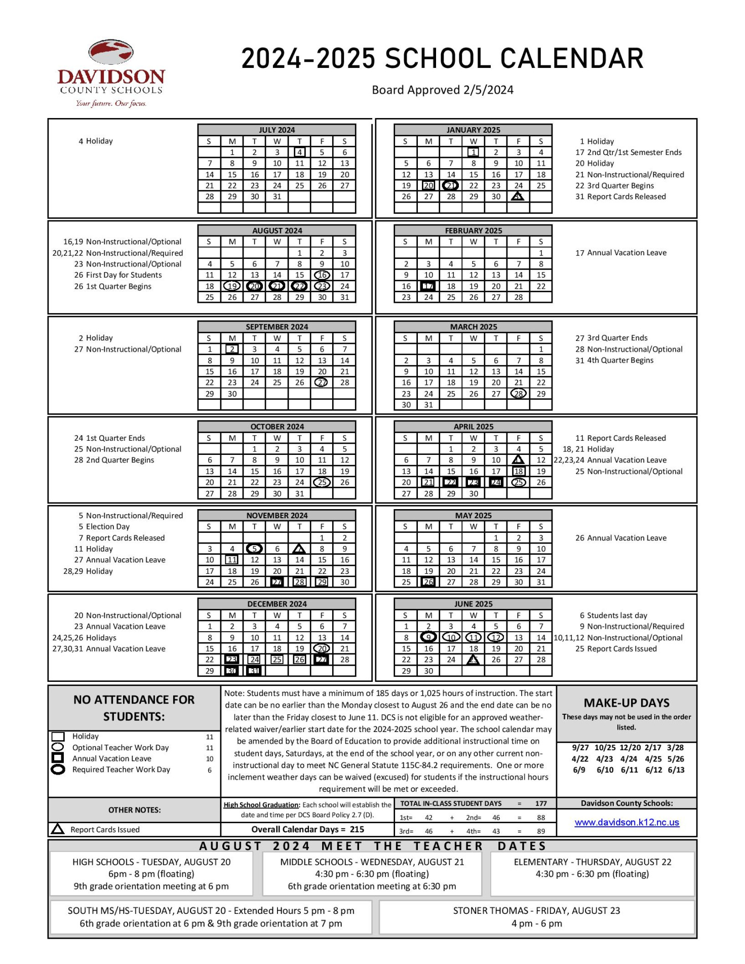 Davidson County Schools Calendar -  Academic Holidays