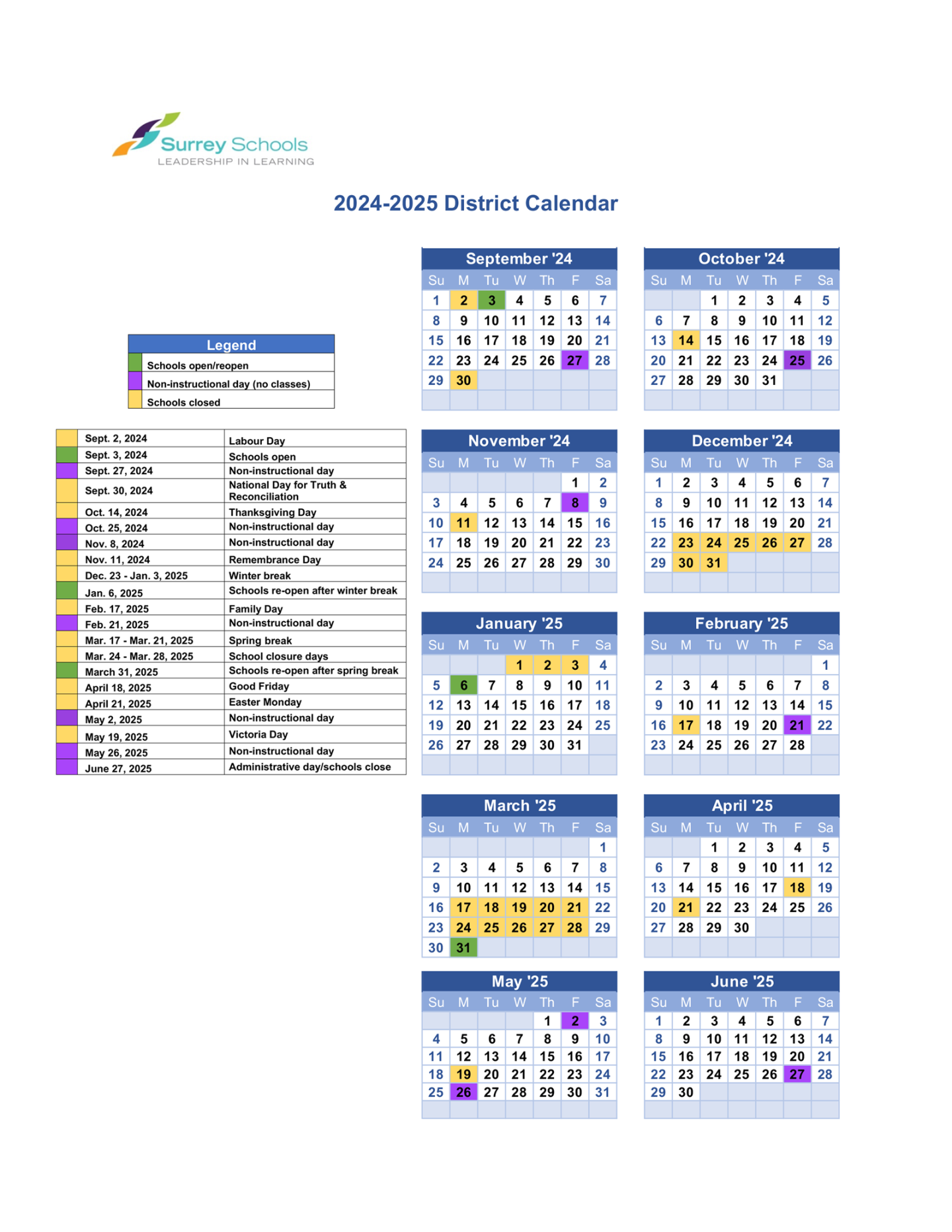 District calendar for the - school year