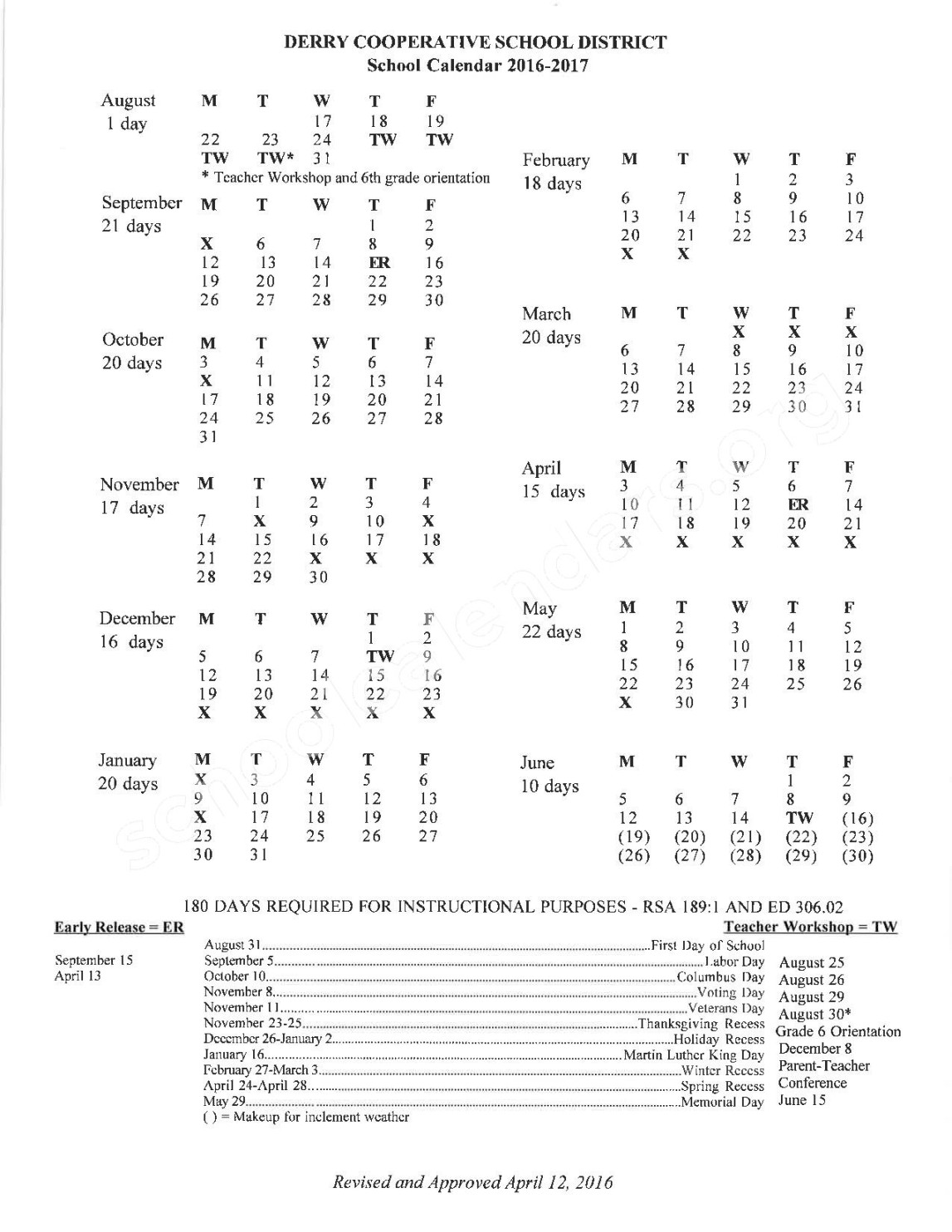 -  District Calendar  SAU  - Derry Cooperative School