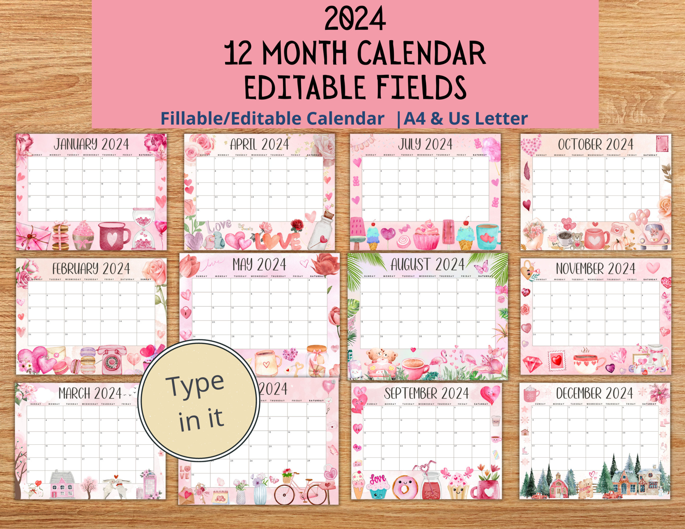EDITABLE Monthly Calendar  Bundle, Cute Editable  PDF