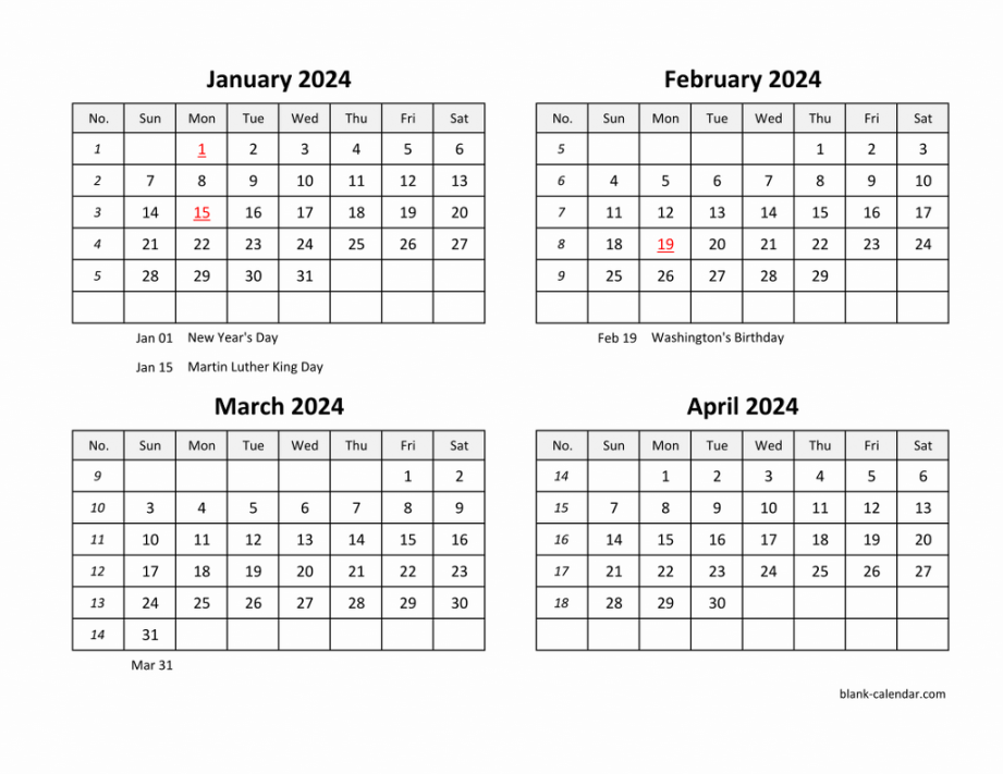 Free Download  Excel Calendar four month in landscape format