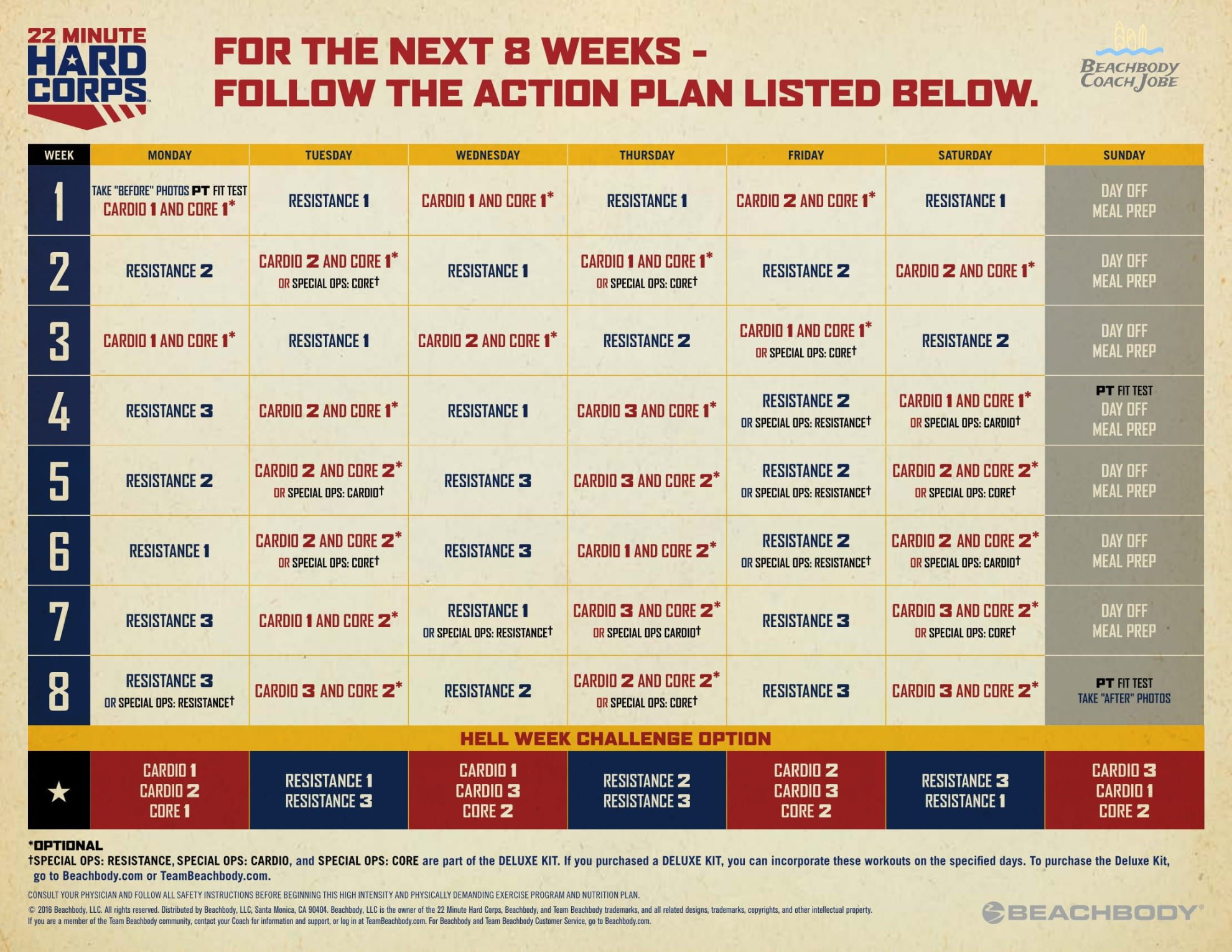 Minute Hard Corps Calendar by Beachbody Fitness Program!