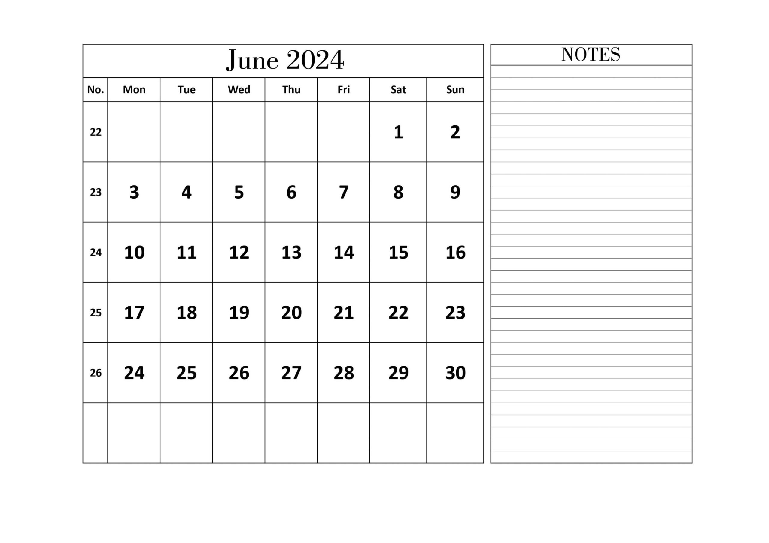 Monthly Calendar  With Notes Printable Calandar  Landscape