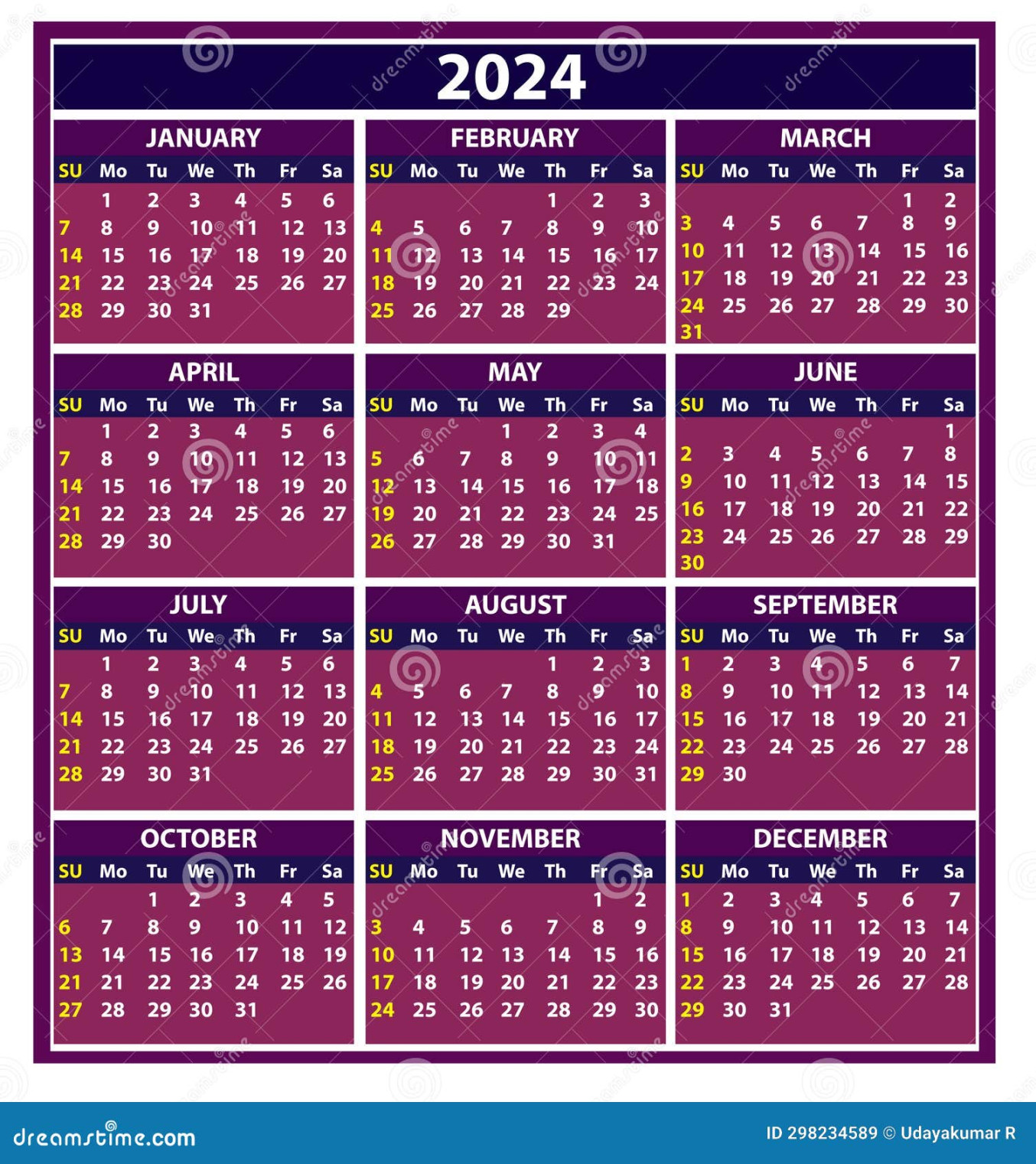 Pocket Calendar Year  Twelve Month Calendar Color Stock