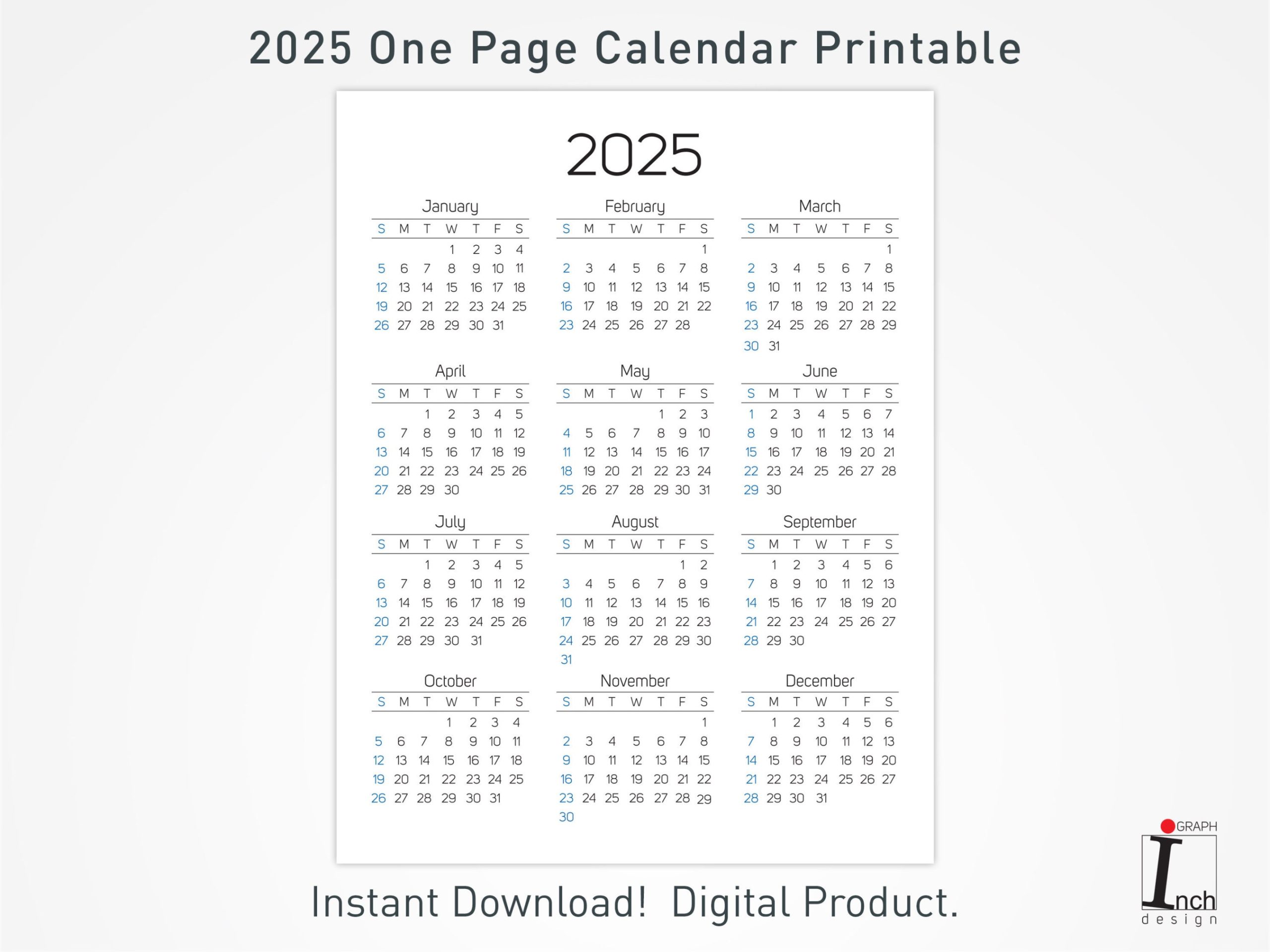 Printable Calendar,  Months One Page Calendar, Wall