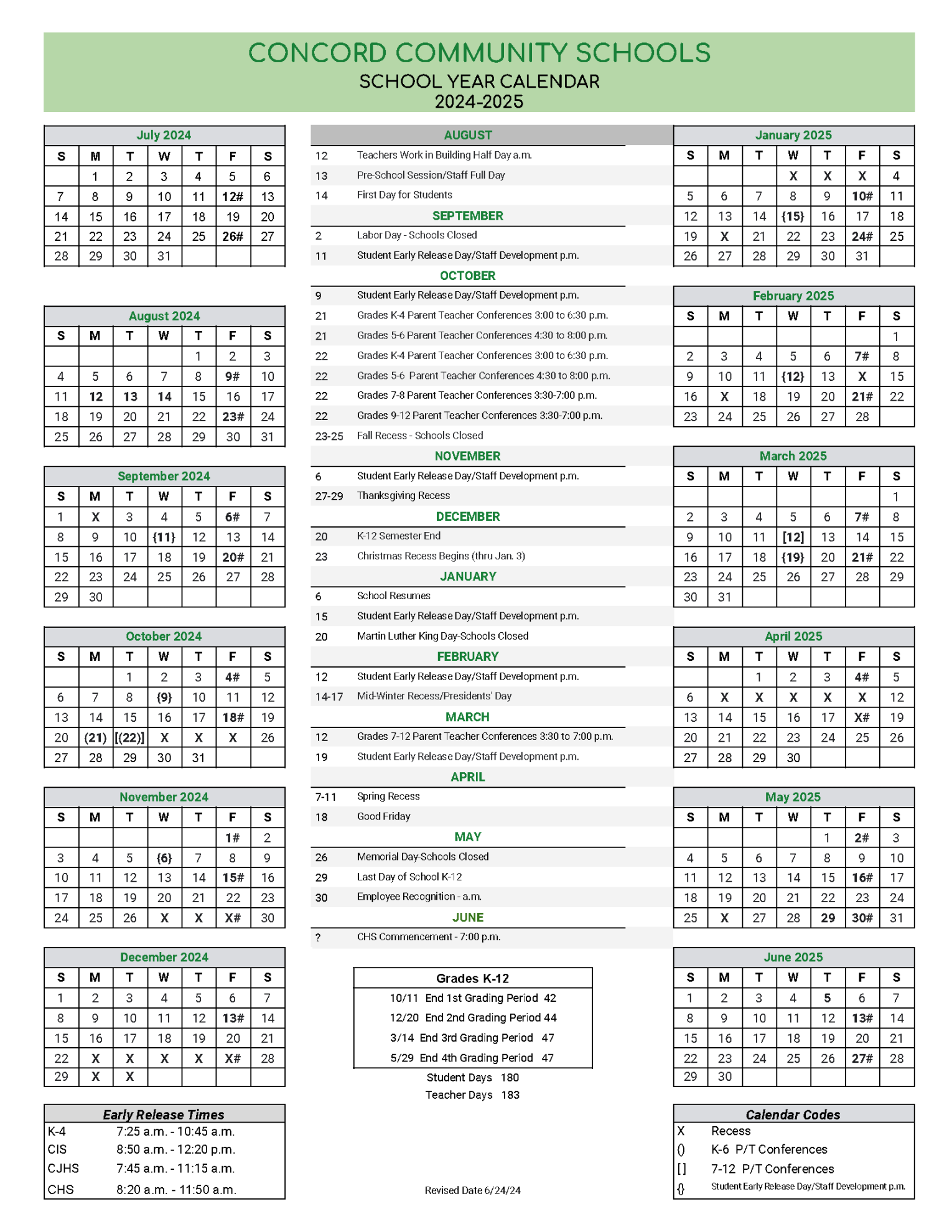 School Year Calendar  Concord Community Schools