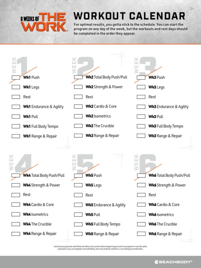 Weeks of THE WORK Workout Calendar  PDF  Management Of Obesity