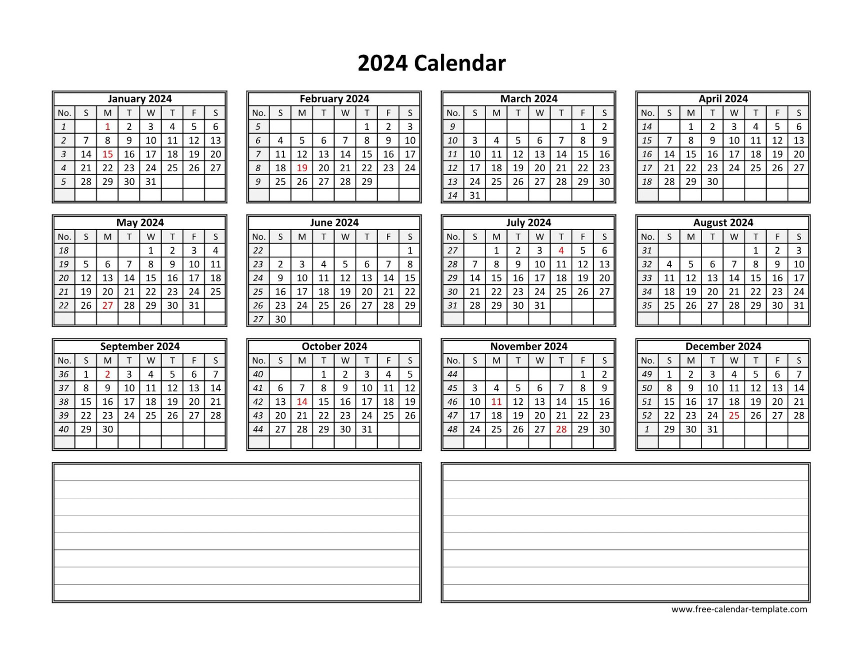 Yearly  calendar printable with space for notes  Free