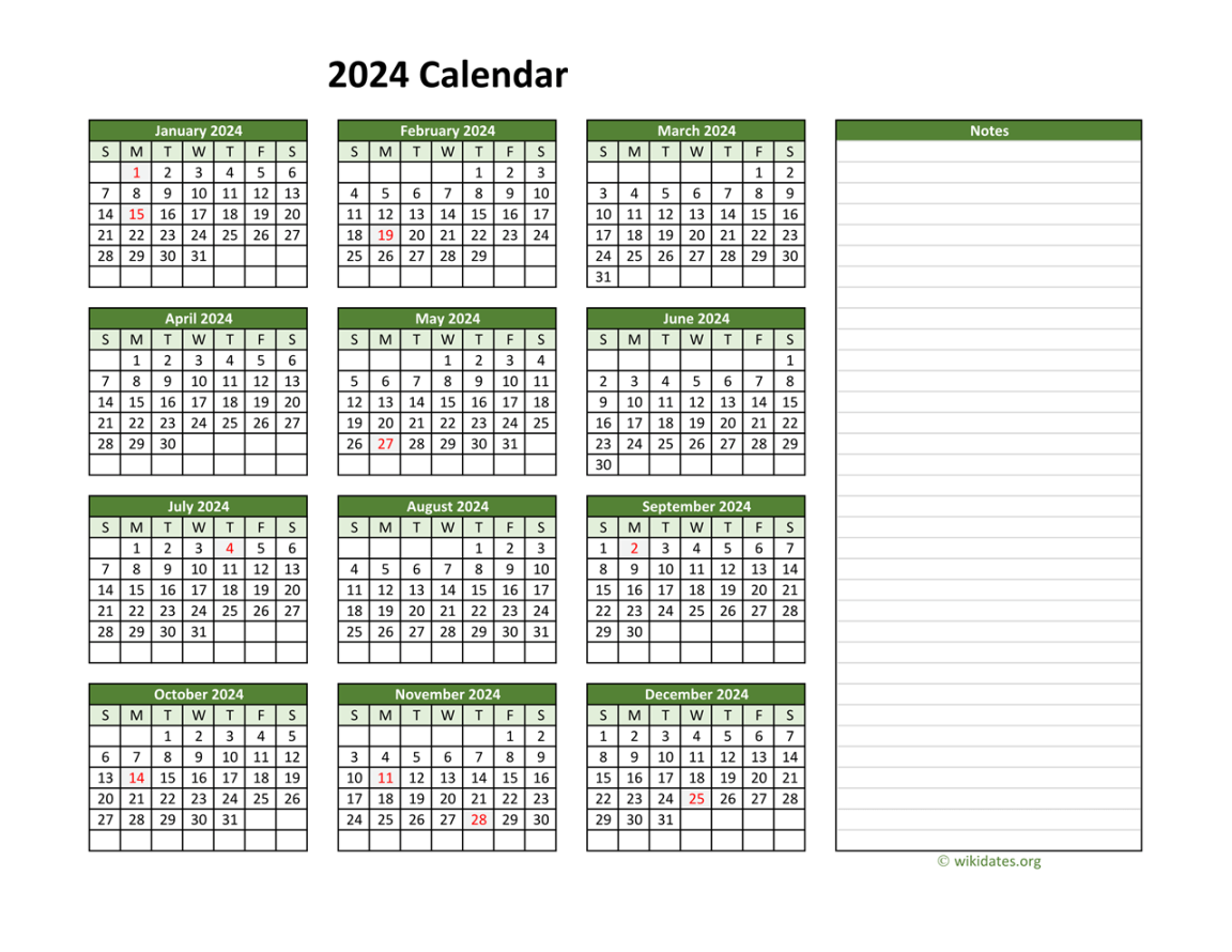 Yearly Printable  Calendar with Notes  WikiDates