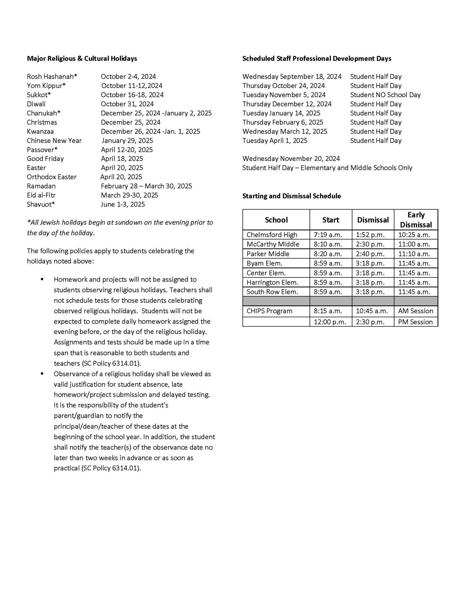 - Calendar - Chelmsford Public Schools