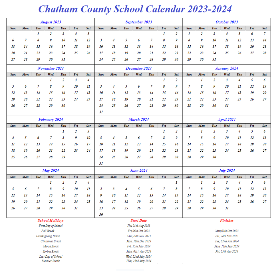 Chatham County School Calendar - & Academic Holidays