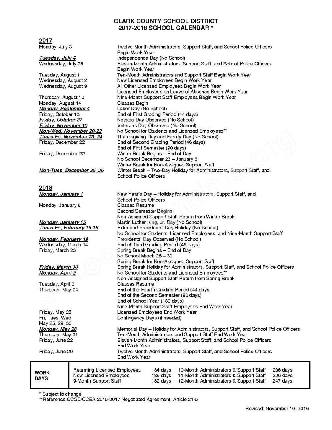 -  School Calendar  Clark County School District – Las