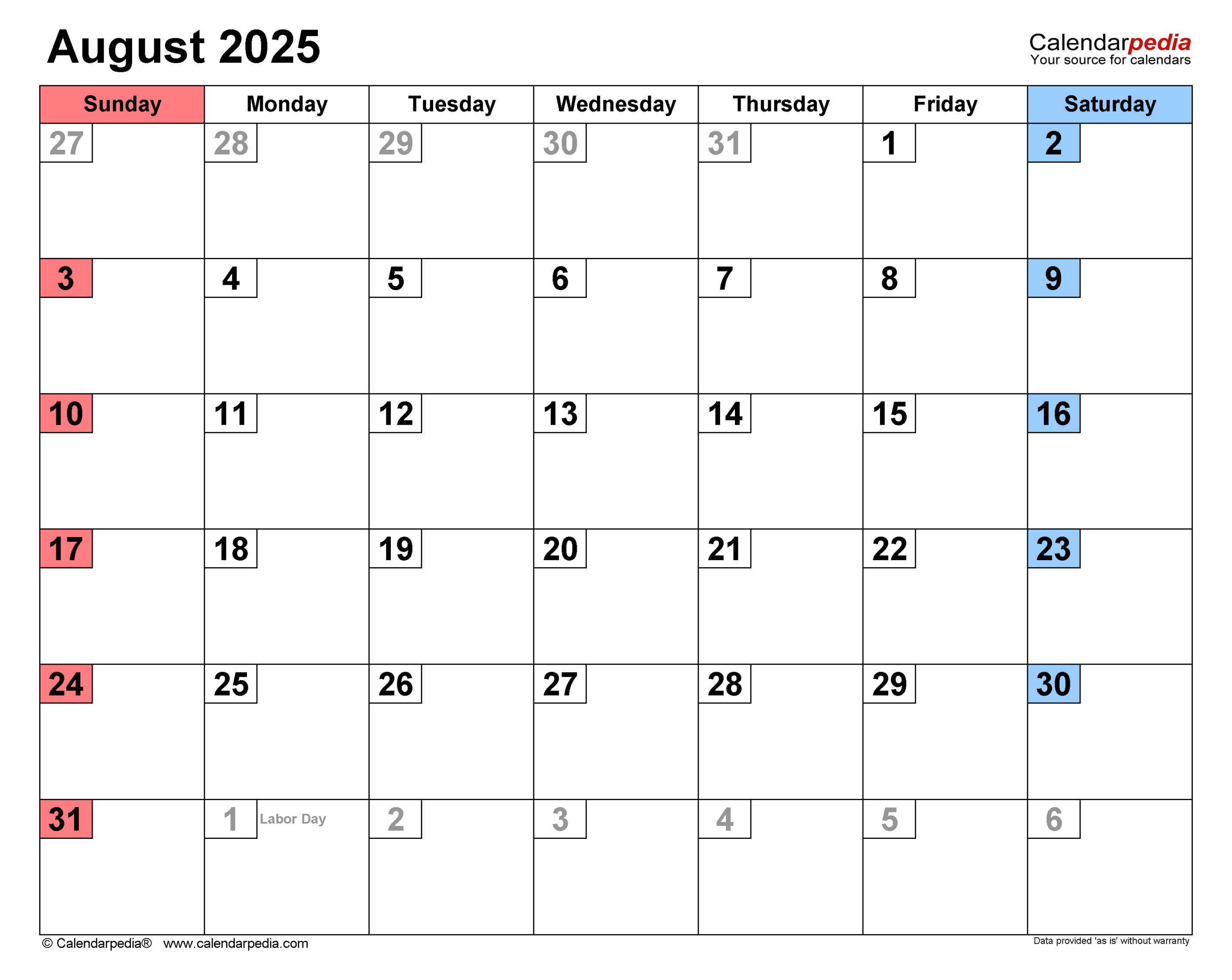 August  Calendar  Templates for Word, Excel and PDF