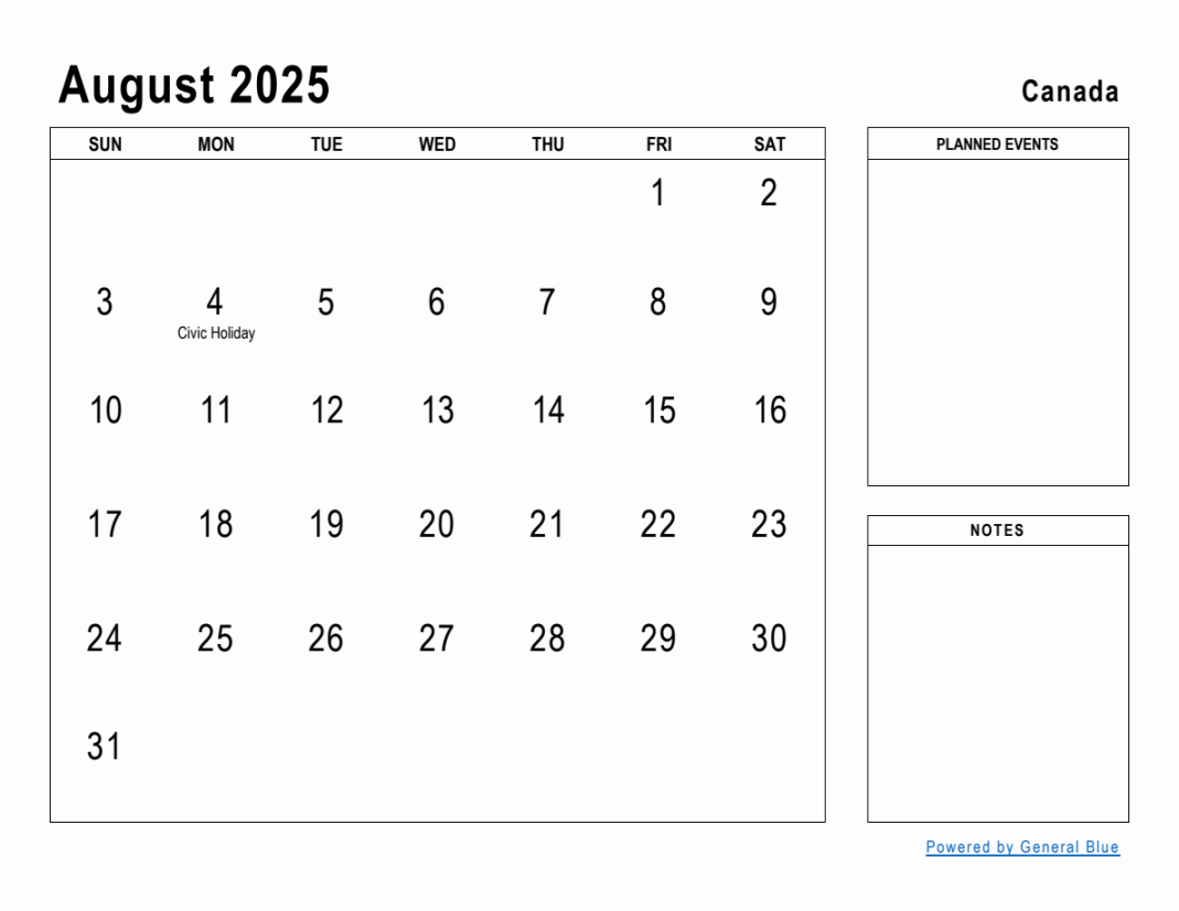 August  Planner with Canada Holidays