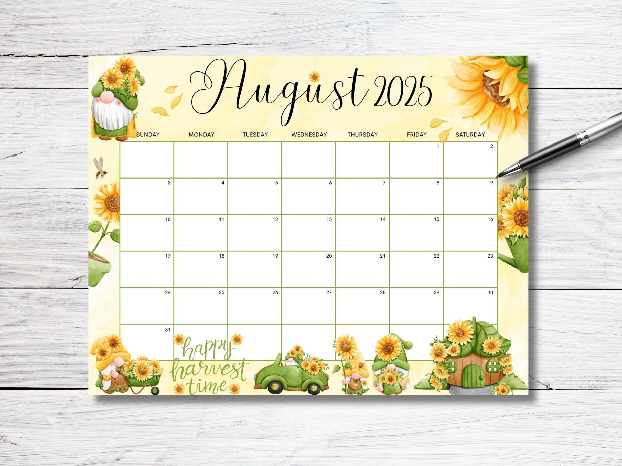 EDITABLE August  Calendar, Sunflower Gnome Garden Planner